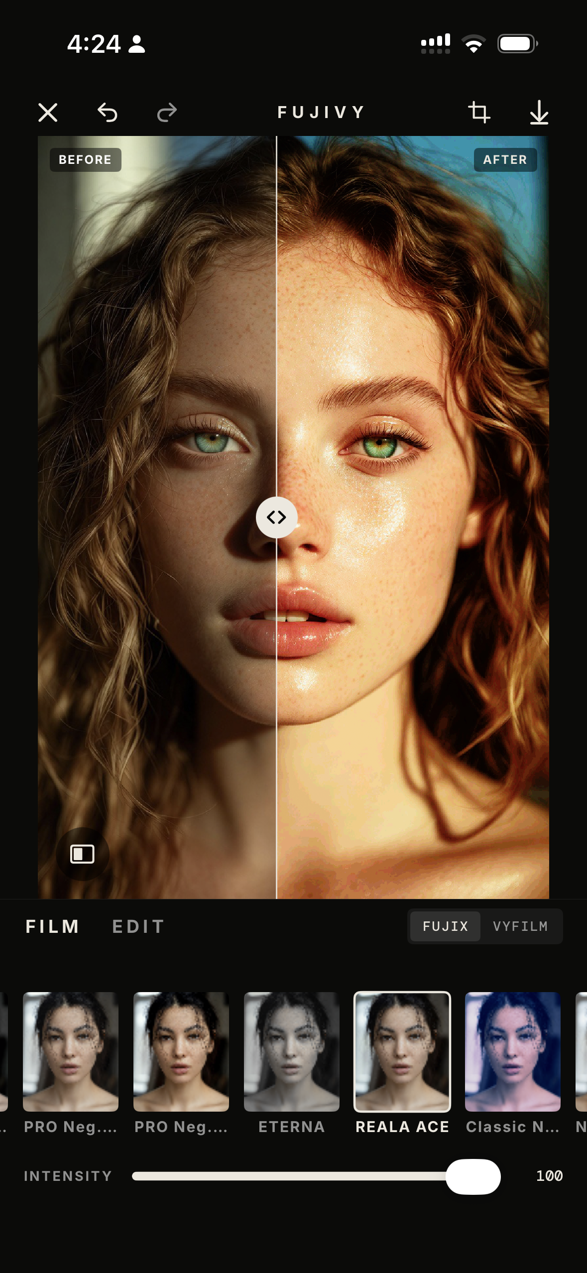 FujiVy split compare before and after view with draggable divider